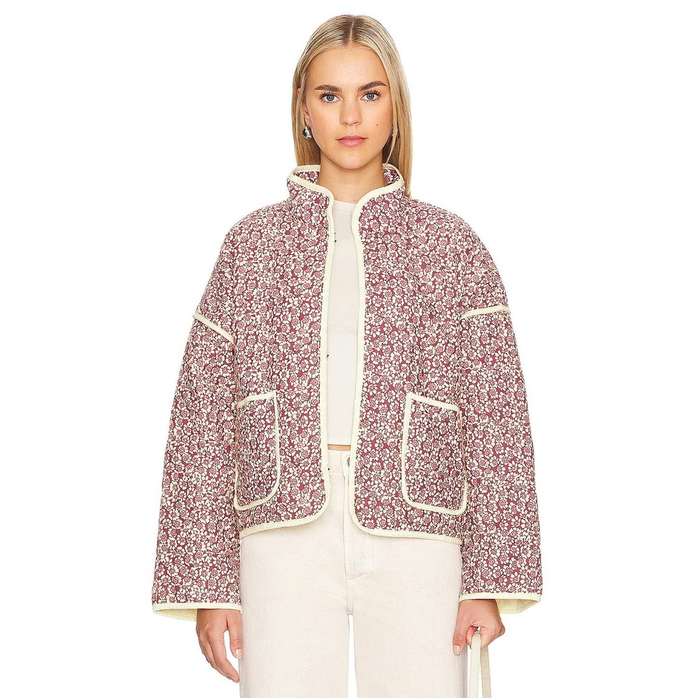 Free People Women Burgundy Floral Quilted Cotton Open Front Jacket Size Small